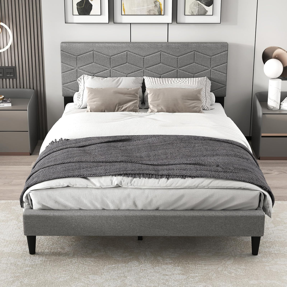 Aurelia Queen Upholstered Platform Bed Frame with Geometric Headboard