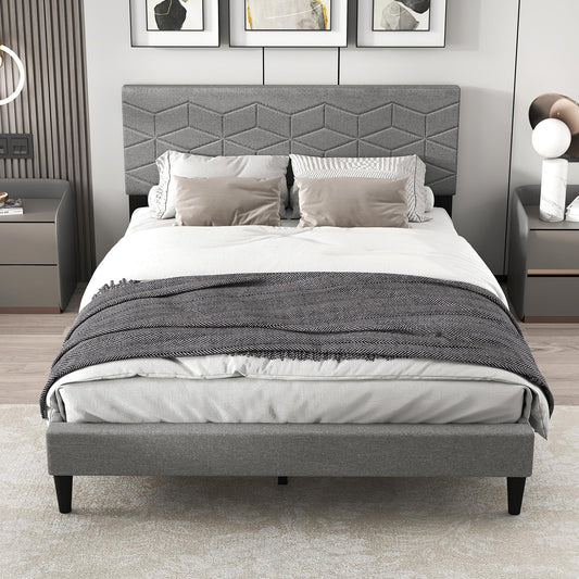 Aurelia Queen Upholstered Platform Bed Frame with Geometric Headboard