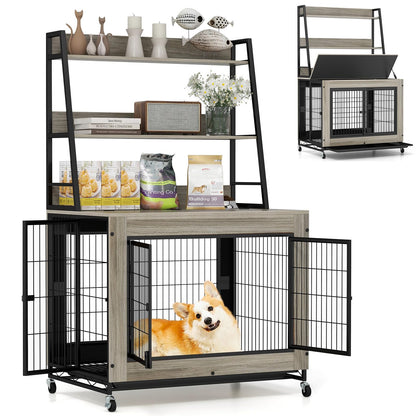 Bonnie 38" Dog Crate Furniture with Storage Shelves & Wheels, Oak Gray