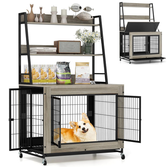 Bonnie 38" Dog Crate Furniture with Storage Shelves & Wheels, Oak Gray