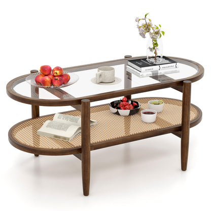 Maris Boho Rattan Coffee Table with Glass Top