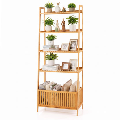 Theodora 66" Bamboo Plant Stand Ladder Shelf with Basket