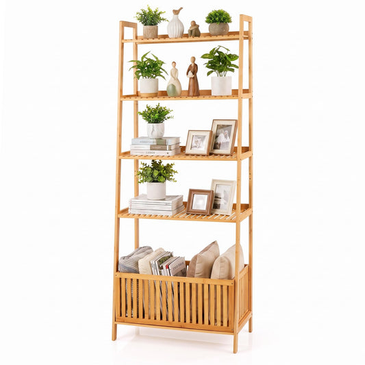 Theodora 66" Bamboo Plant Stand Ladder Shelf with Basket