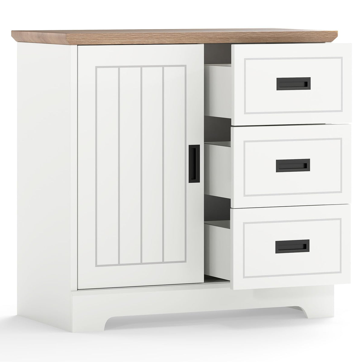 Lottie Small Farmhouse Sideboard with 3 Drawers & Sliding Door, White