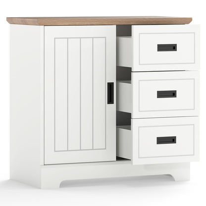 Lottie Small Farmhouse Sideboard with 3 Drawers & Sliding Door, White