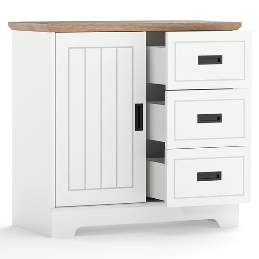 Lottie Small Farmhouse Sideboard with 3 Drawers & Sliding Door, White