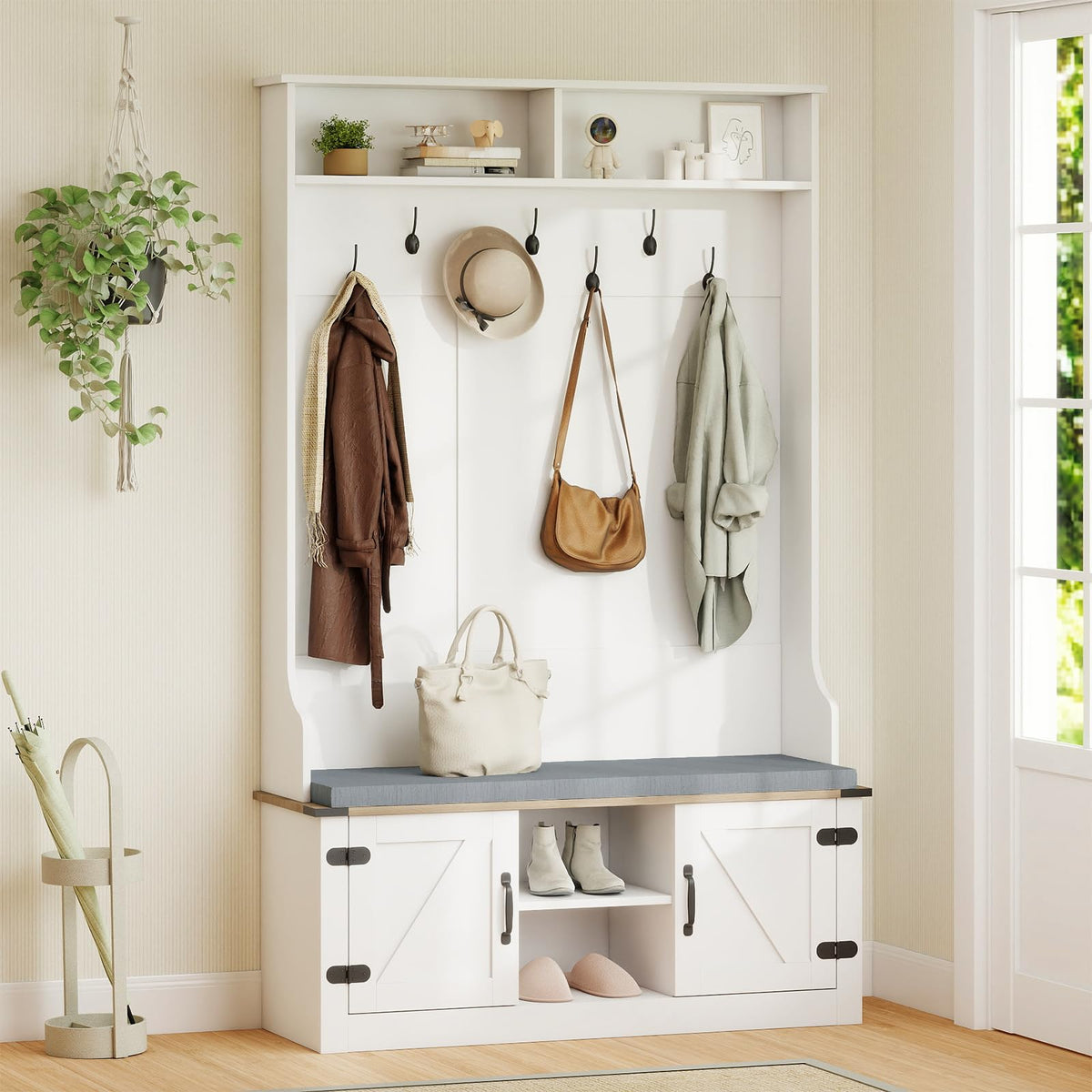 Gwendolyn 4-in-1 Farmhouse Hall Tree with Cushioned Shoe Bench