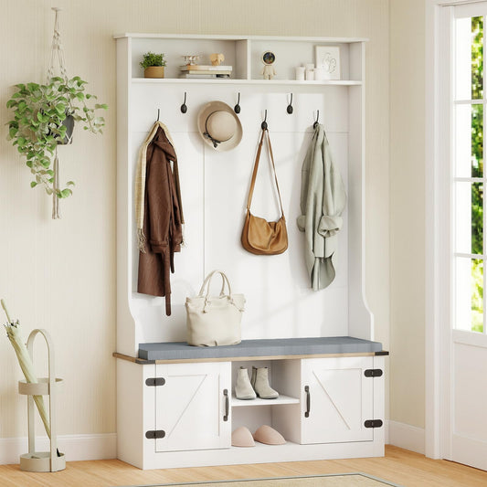 Gwendolyn 4-in-1 Farmhouse Hall Tree with Cushioned Shoe Bench