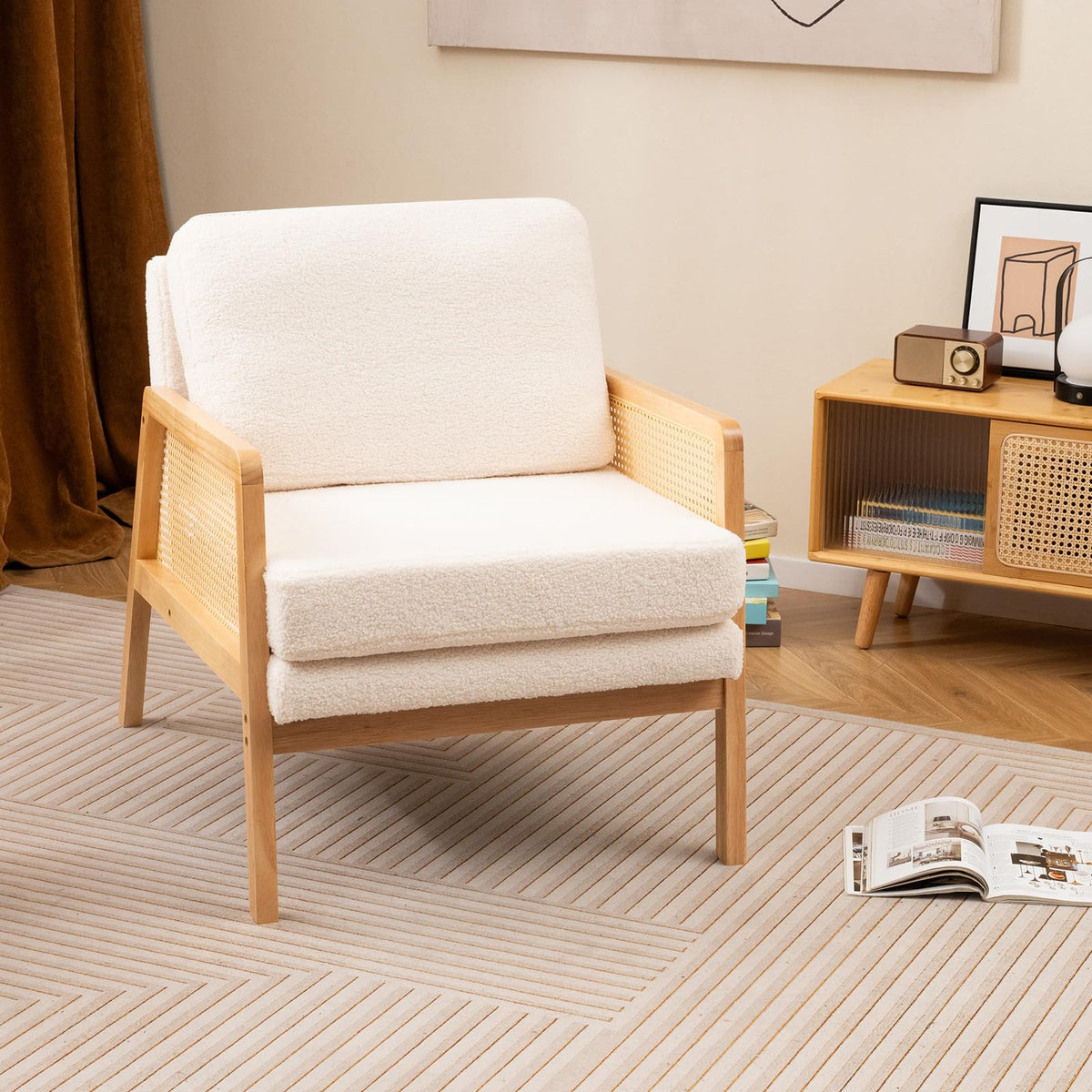 Cordelia Boho Sherpa Accent Chair with Rattan Arms