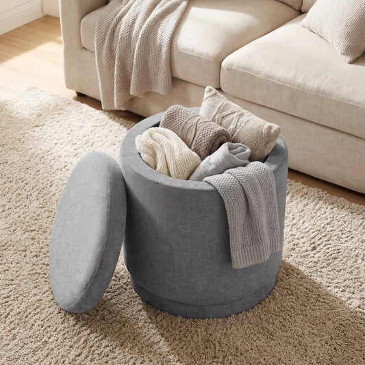 Mirabel Round Chenille Storage Ottoman (Warm Light Gray)