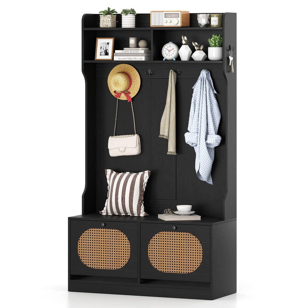 Genevieve 4-in-1 Rattan Hall Tree with Shoe Bench and Flip Drawers