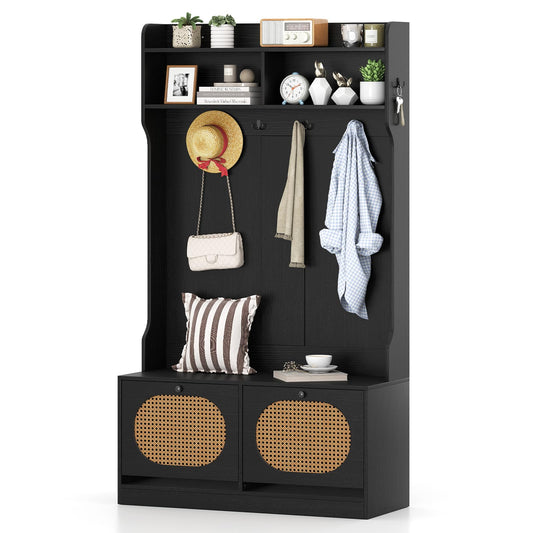 Genevieve 4-in-1 Rattan Hall Tree with Shoe Bench and Flip Drawers