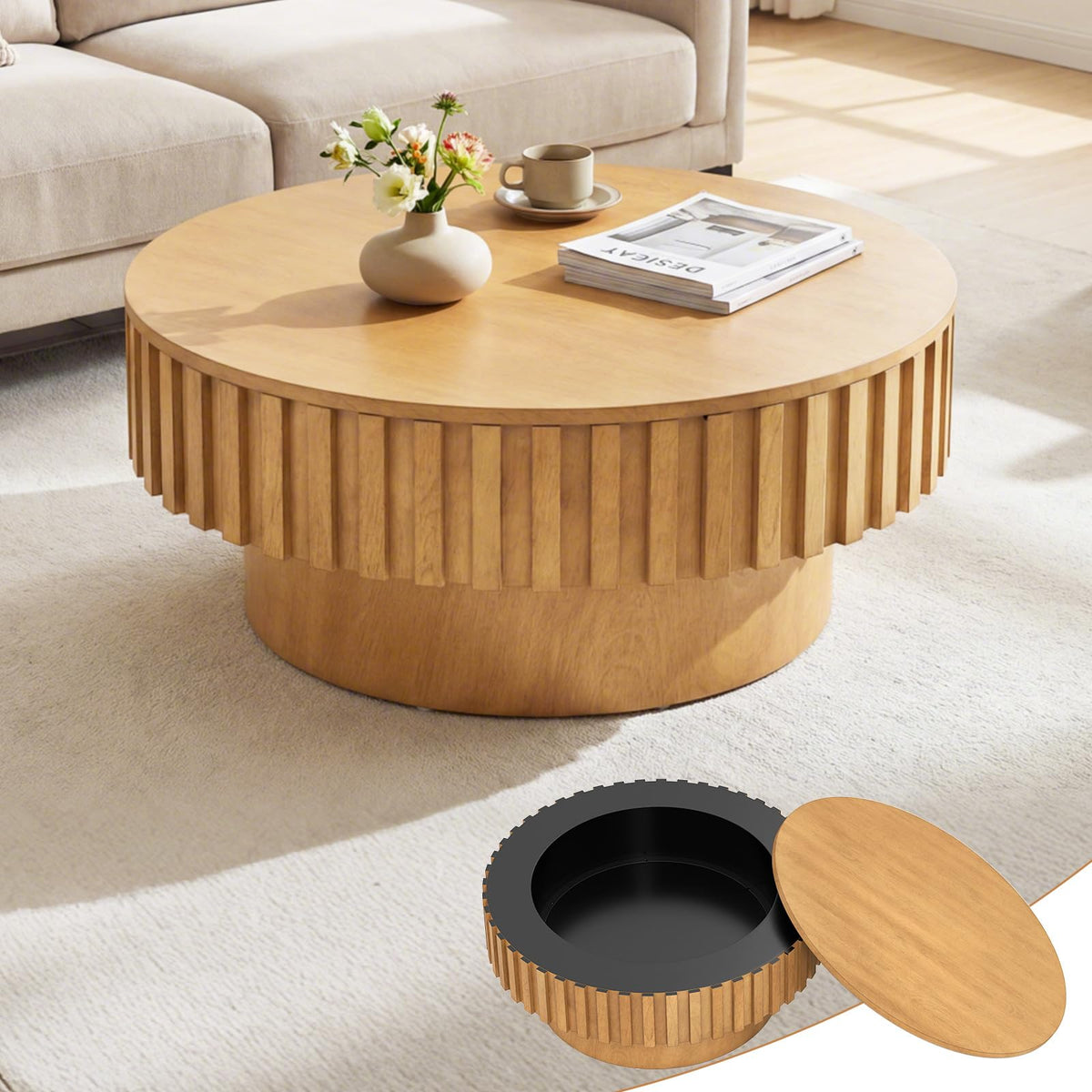 Lorelei 31" Round Fluted Drum Coffee Table with Hidden Storage