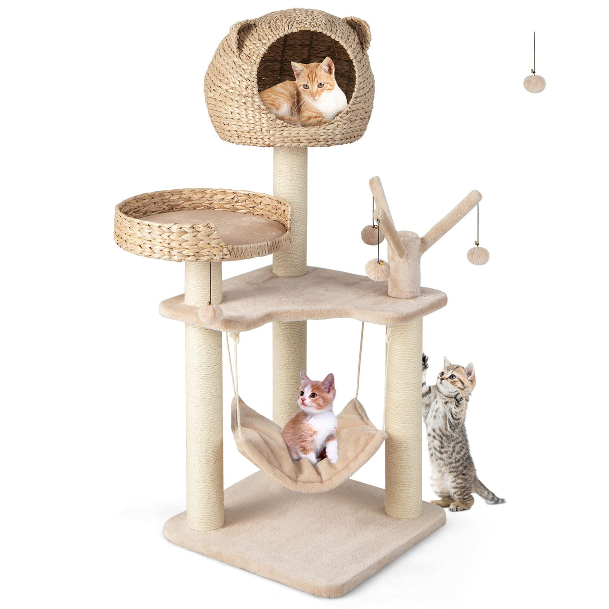Coco 48" Wooden Cat Tree with Woven Condo, Bed & Hammock, Beige