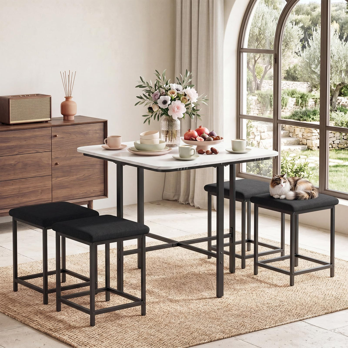 Bernadette 5-Piece Faux Marble Dining Set with 4 Tuck-Away Stools