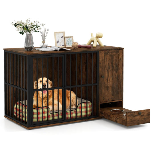 Winnie 47.5" Dog Crate Furniture with Feeding Drawer & Side Cabinet, Rustic Brown
