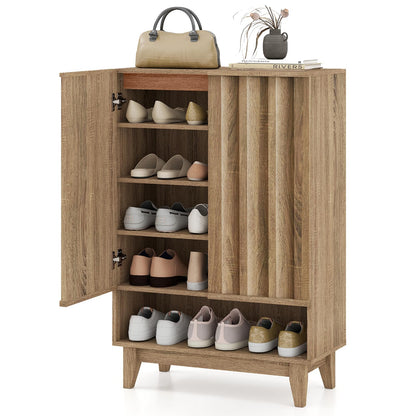 Agnes Fluted Shoe Cabinet with 2 Doors & 5 Shelves, Rustic Oak