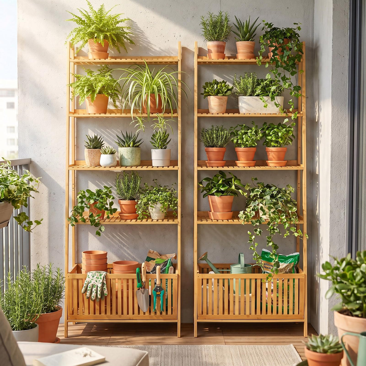 Theodora 66" Bamboo Plant Stand Ladder Shelf with Basket