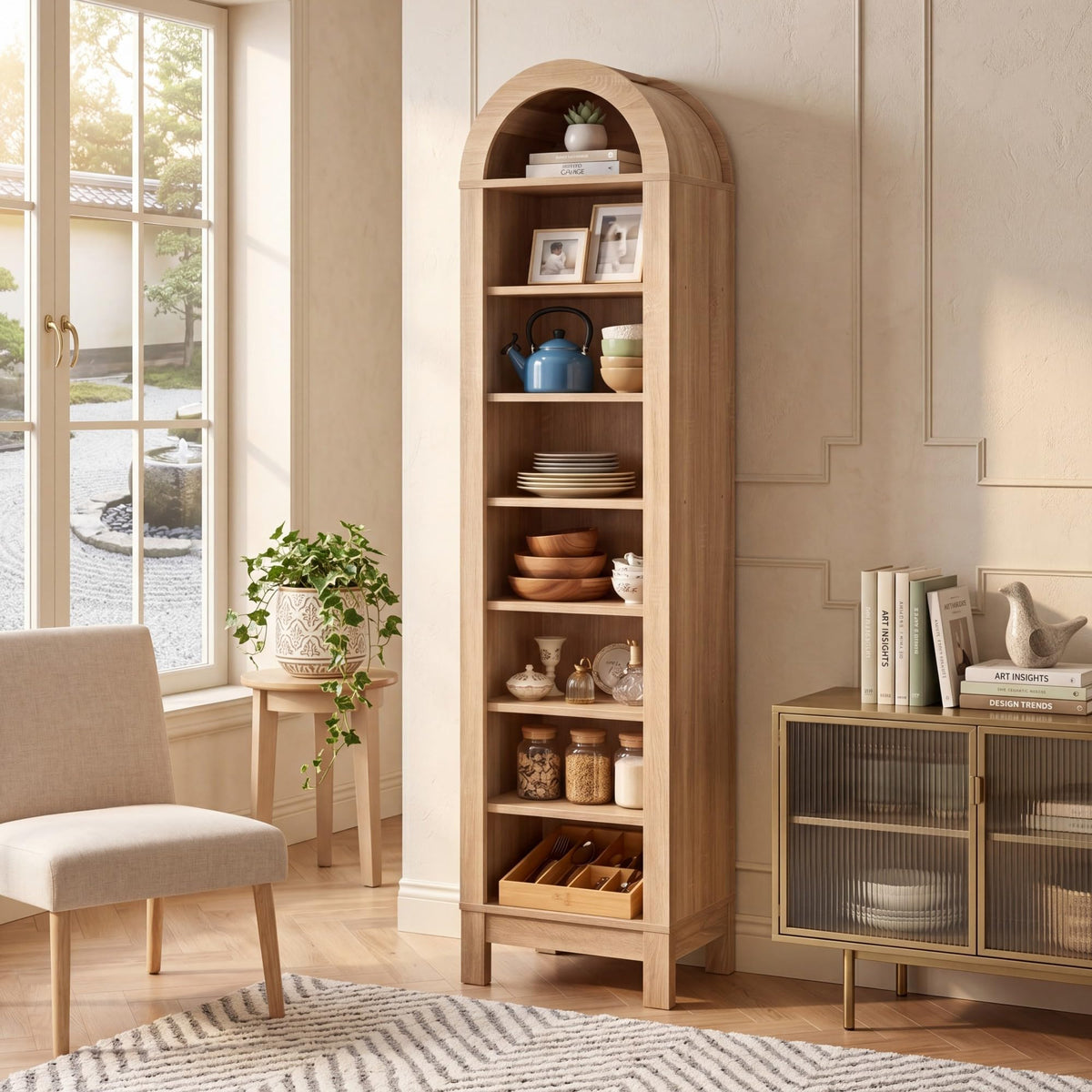 Rosamund 71" Arched 8-Tier Bookshelf in Natural Wood Finish