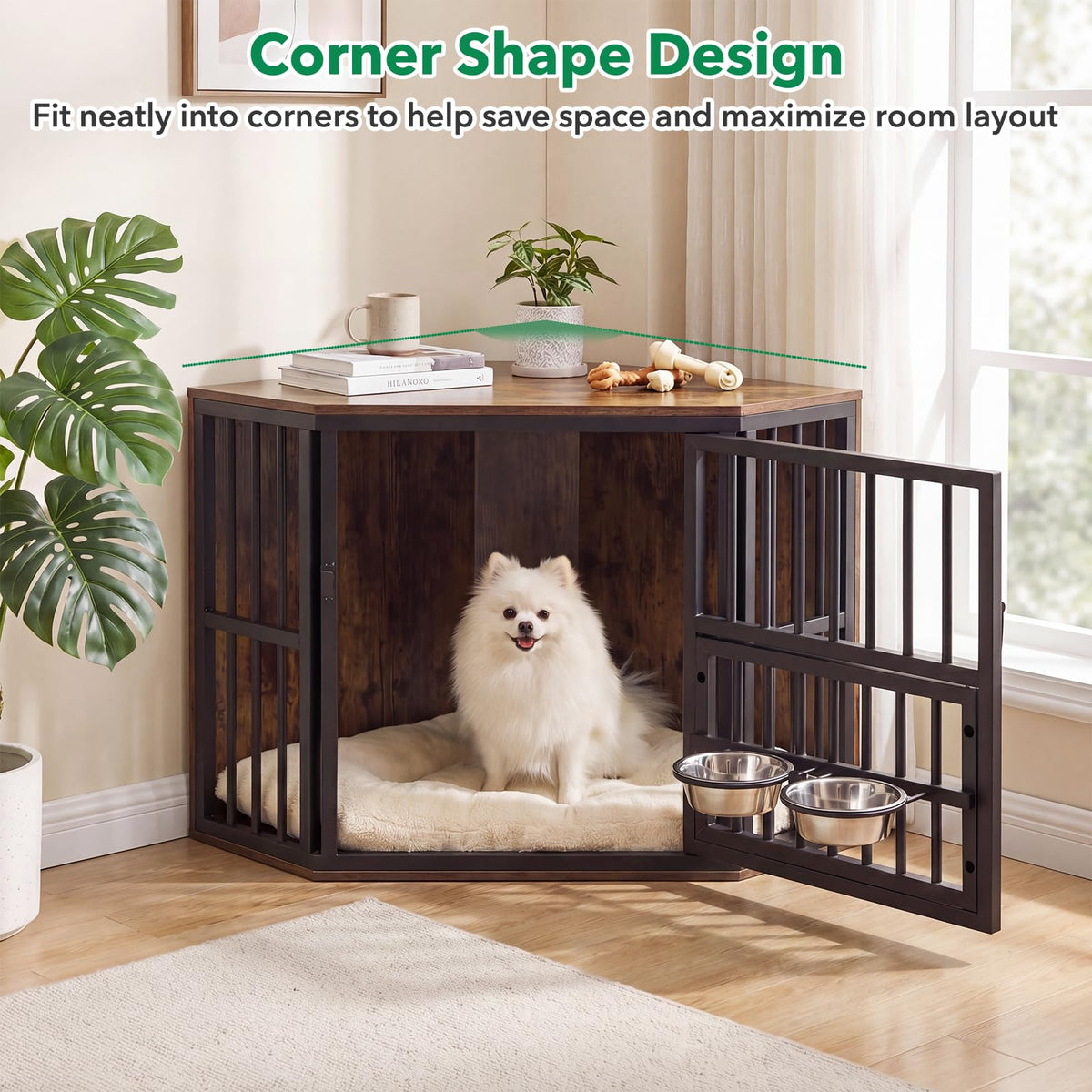 Penny Corner Dog Crate Furniture with Adjustable Feeder, Rustic Brown