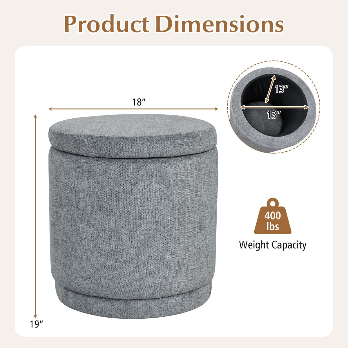 Mirabel Round Chenille Storage Ottoman (Warm Light Gray)