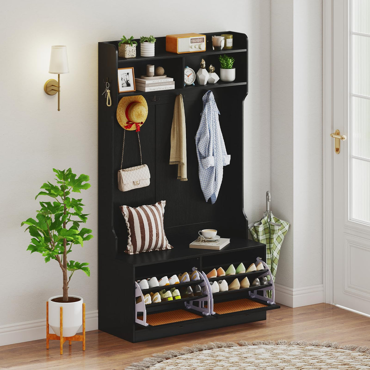 Genevieve 4-in-1 Rattan Hall Tree with Shoe Bench and Flip Drawers