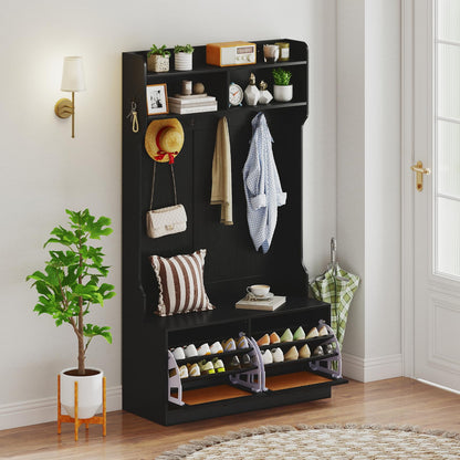 Genevieve 4-in-1 Rattan Hall Tree with Shoe Bench and Flip Drawers