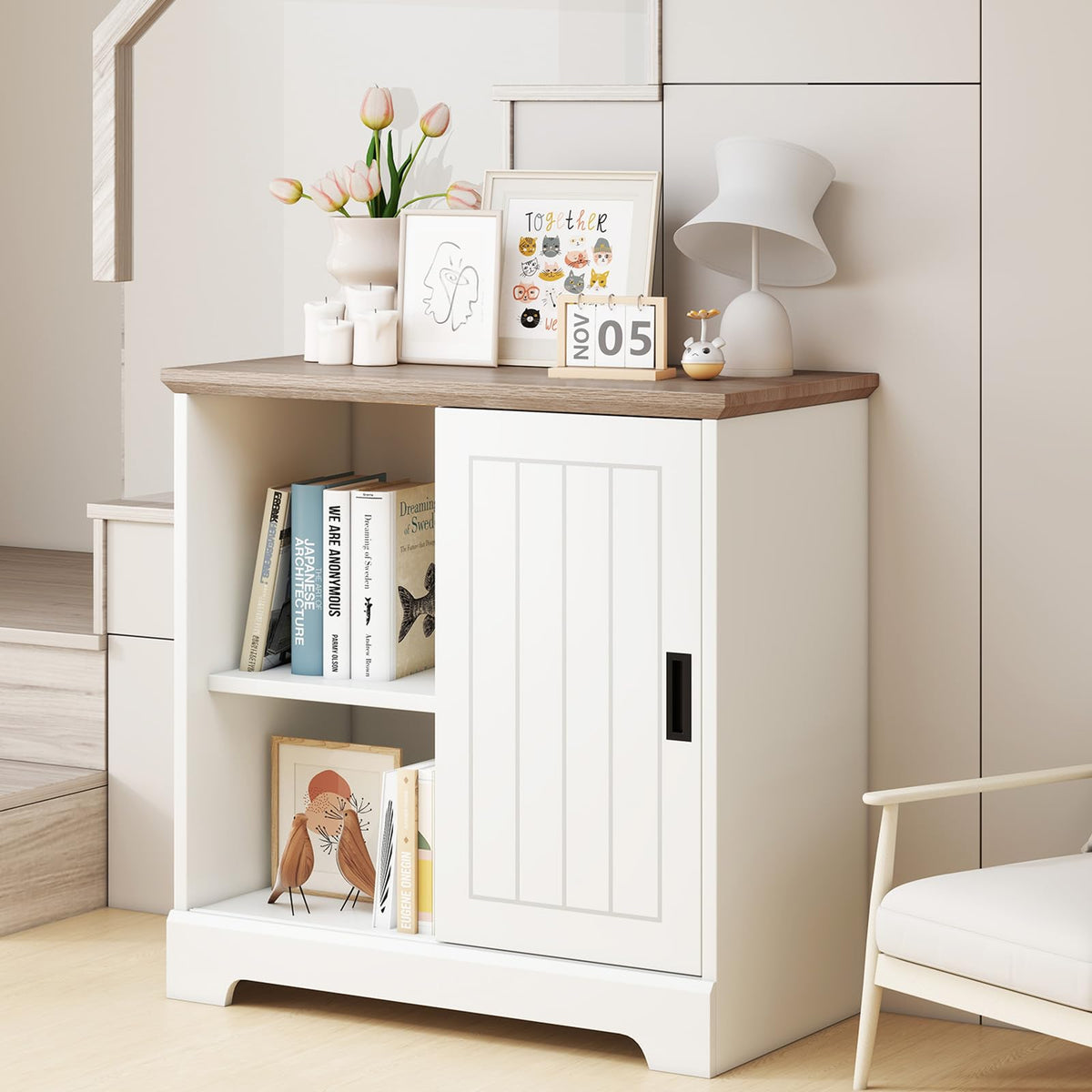 Lottie Small Farmhouse Sideboard with 3 Drawers & Sliding Door, White