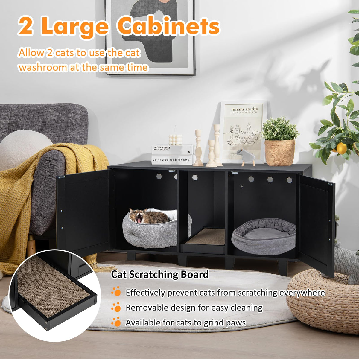 Clover Double Cat Litter Box Enclosure & TV Stand with Scratching Board, Black