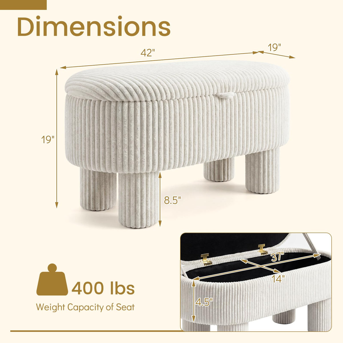 Araminta 42" Ivory Corduroy Storage Ottoman Bench