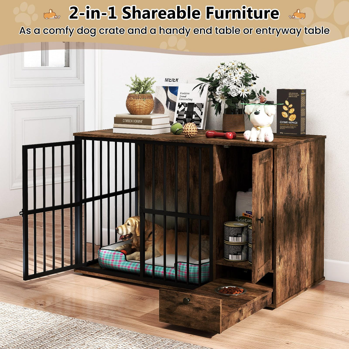 Winnie 47.5" Dog Crate Furniture with Feeding Drawer & Side Cabinet, Rustic Brown