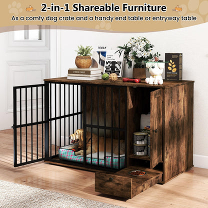 Winnie 47.5" Dog Crate Furniture with Feeding Drawer & Side Cabinet, Rustic Brown