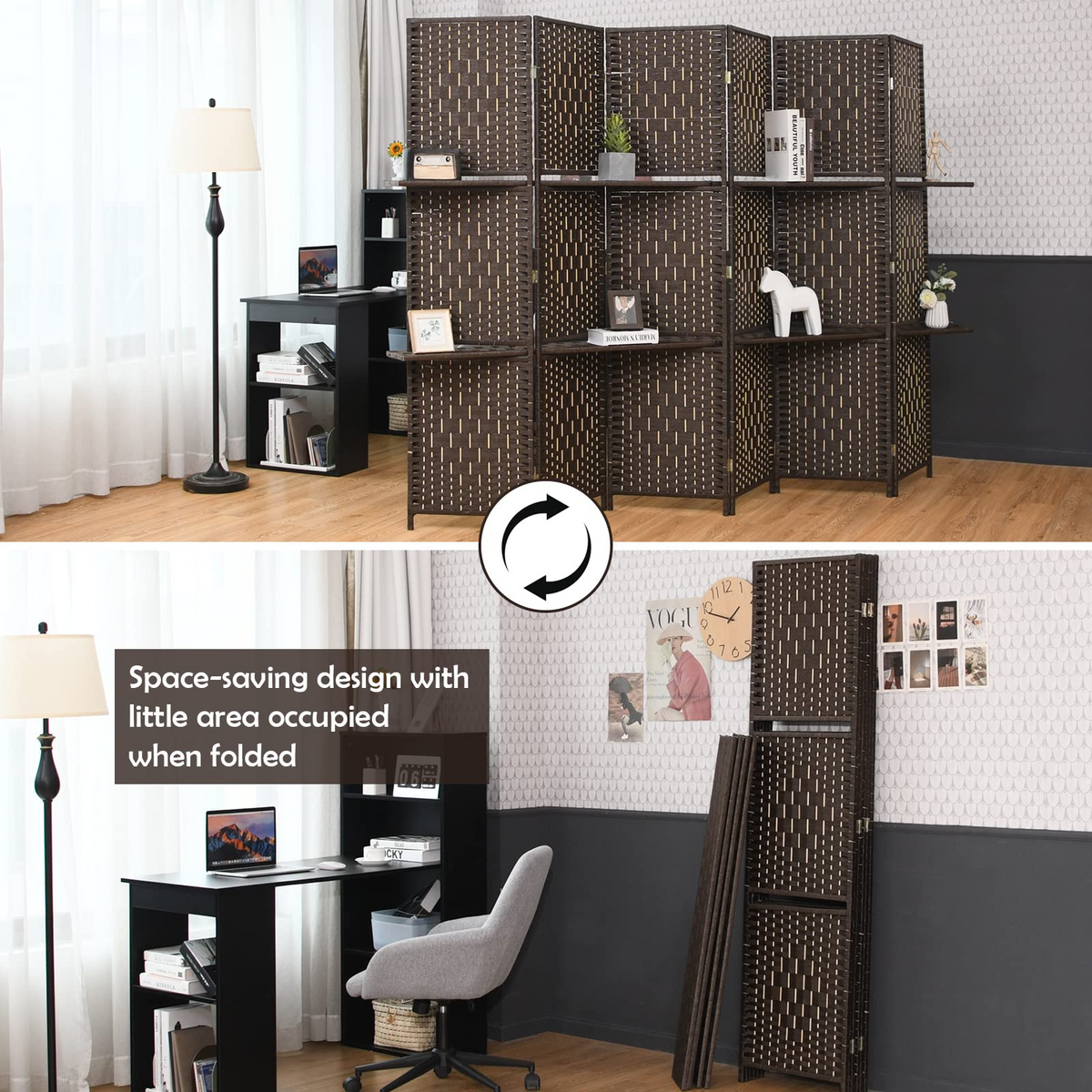 Evangeline 6-Panel Woven Room Divider with Display Shelves