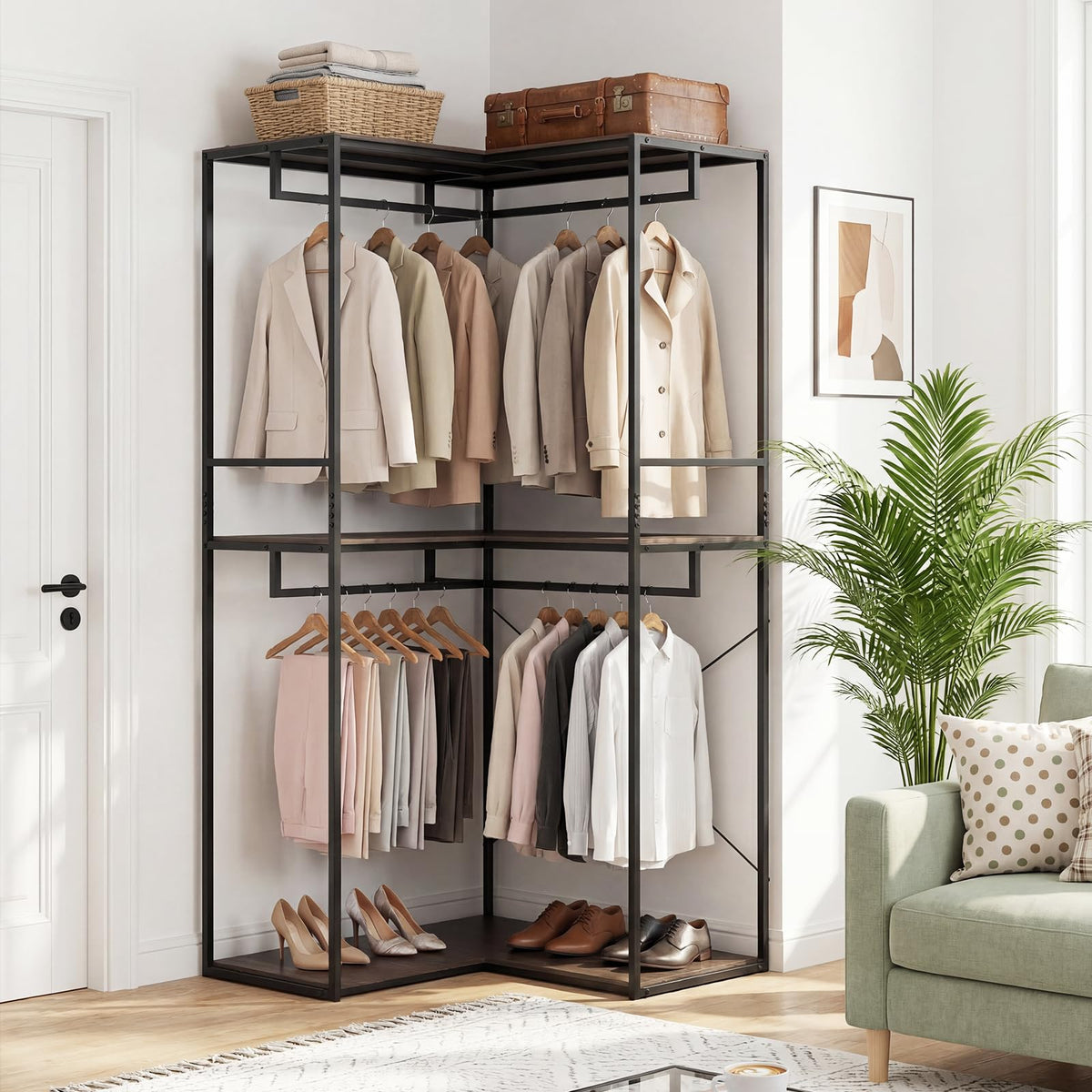 Estelle L-Shaped Corner Clothes Rack with 3 Shelves and 2 Rods