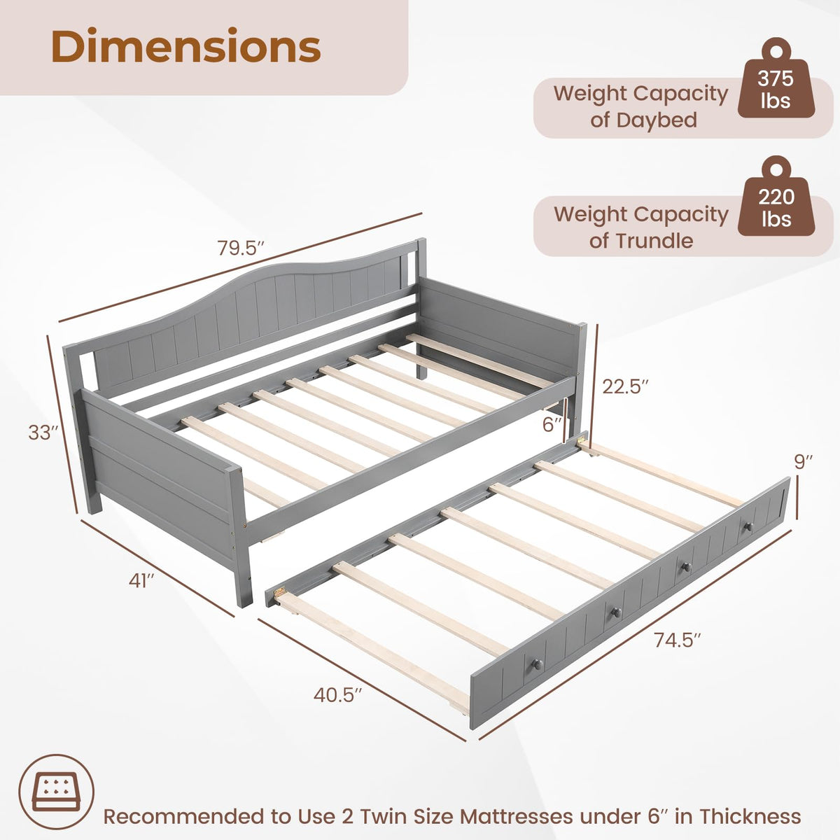 Philippa Twin Wood Daybed with Roll-Out Trundle in Gray