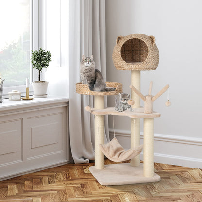 Coco 48" Wooden Cat Tree with Woven Condo, Bed & Hammock, Beige