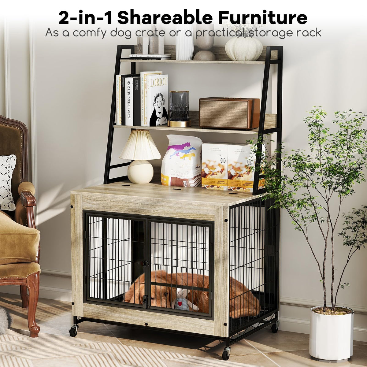 Bonnie 38" Dog Crate Furniture with Storage Shelves & Wheels, Oak Gray