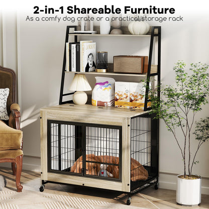 Bonnie 38" Dog Crate Furniture with Storage Shelves & Wheels, Oak Gray