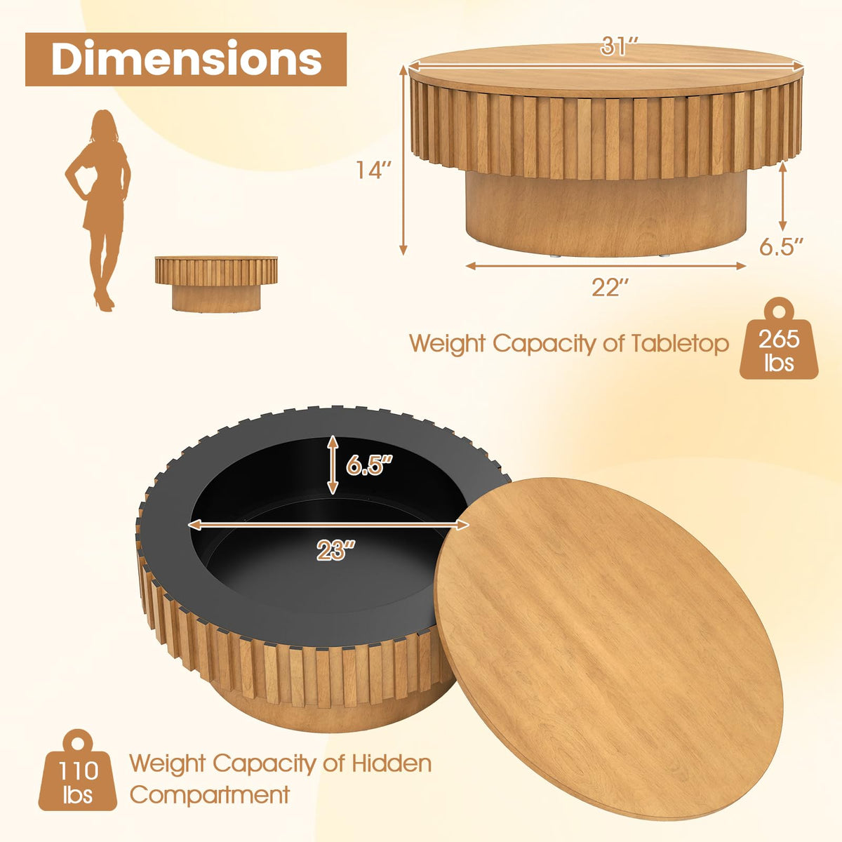 Lorelei 31" Round Fluted Drum Coffee Table with Hidden Storage