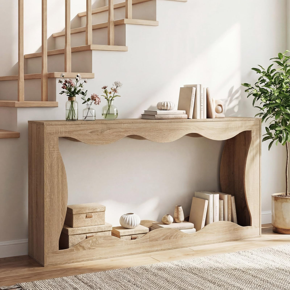 Wilda 63" Wavy Narrow Console Table, 12" Deep Entryway Table, Natural