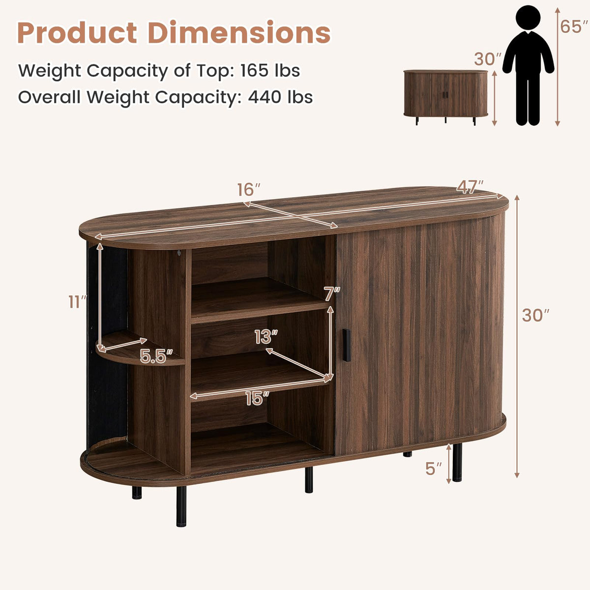 Simone 47" Fluted Sideboard Buffet Cabinet with Tambour Sliding Doors, Walnut