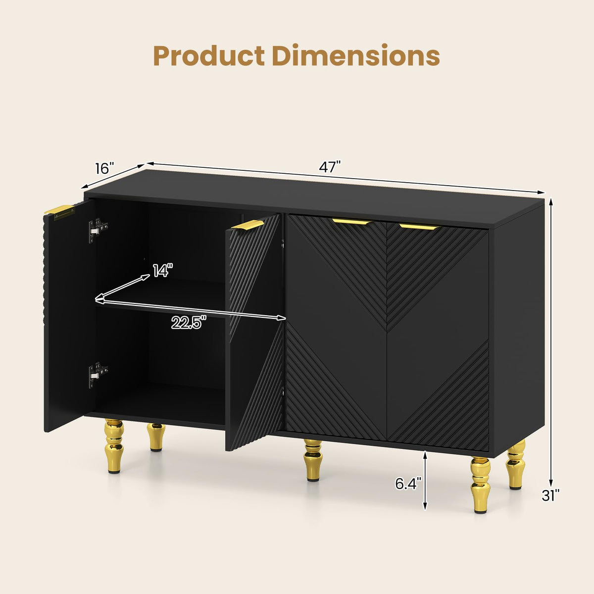 Liesel 47" Chevron Fluted Sideboard with 4 Doors & Gold Legs, Black