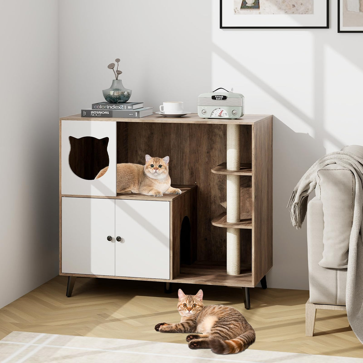 Lulu Cat Litter Box Enclosure with Cat Tree & Condo, Brown & White