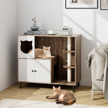 Lulu Cat Litter Box Enclosure with Cat Tree & Condo, Brown & White