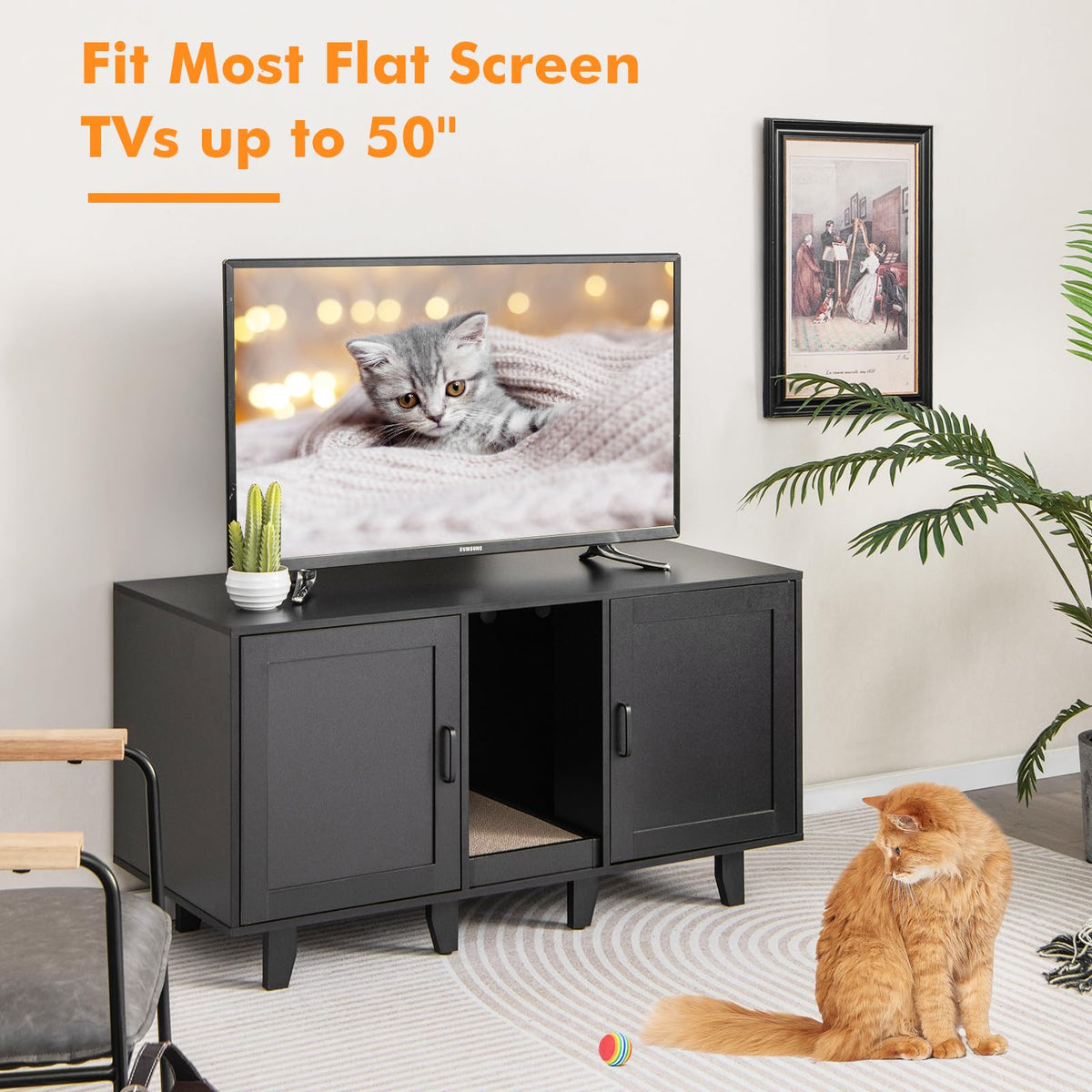 Clover Double Cat Litter Box Enclosure & TV Stand with Scratching Board, Black