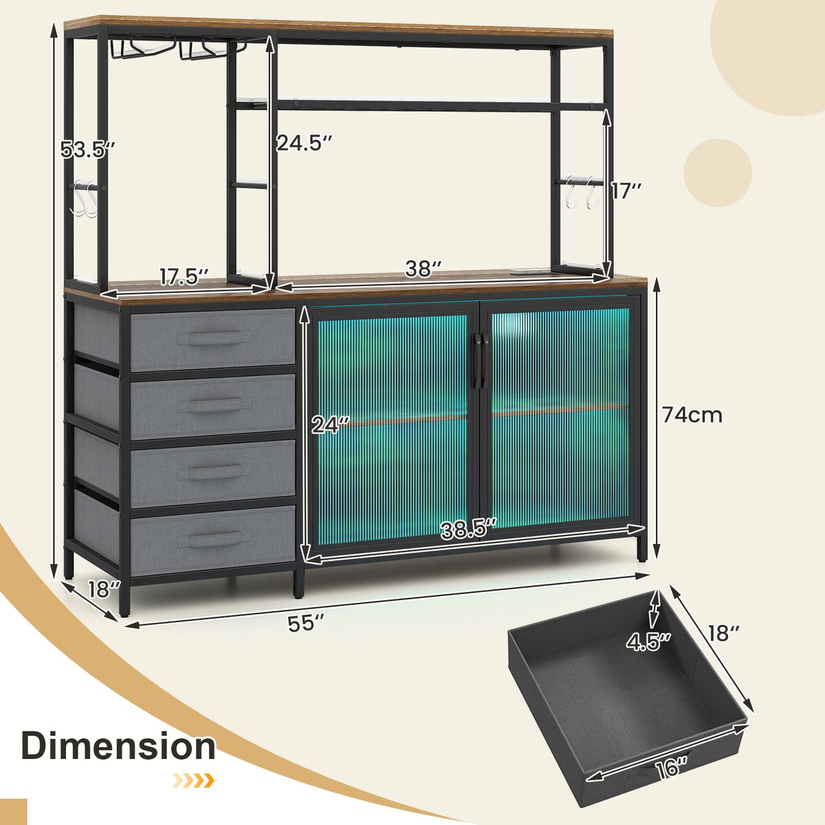 Beatrice LED Wine Bar Cabinet with Glass Rack and Charging Station