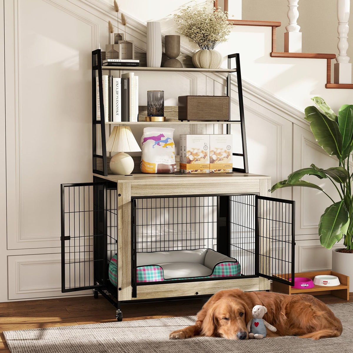 Bonnie 38" Dog Crate Furniture with Storage Shelves & Wheels, Oak Gray