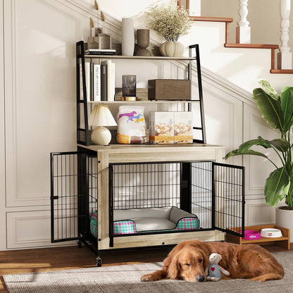 Bonnie 38" Dog Crate Furniture with Storage Shelves & Wheels, Oak Gray