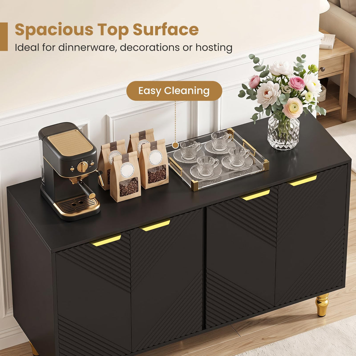 Liesel 47" Chevron Fluted Sideboard with 4 Doors & Gold Legs, Black