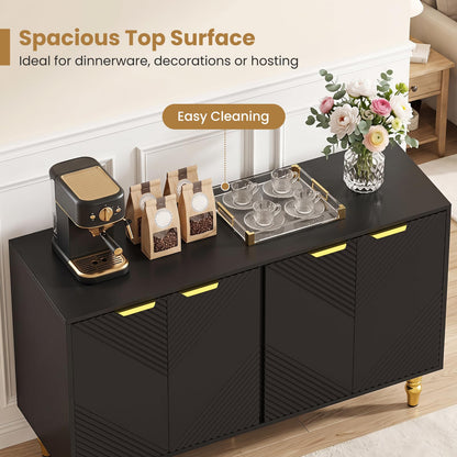 Liesel 47" Chevron Fluted Sideboard with 4 Doors & Gold Legs, Black